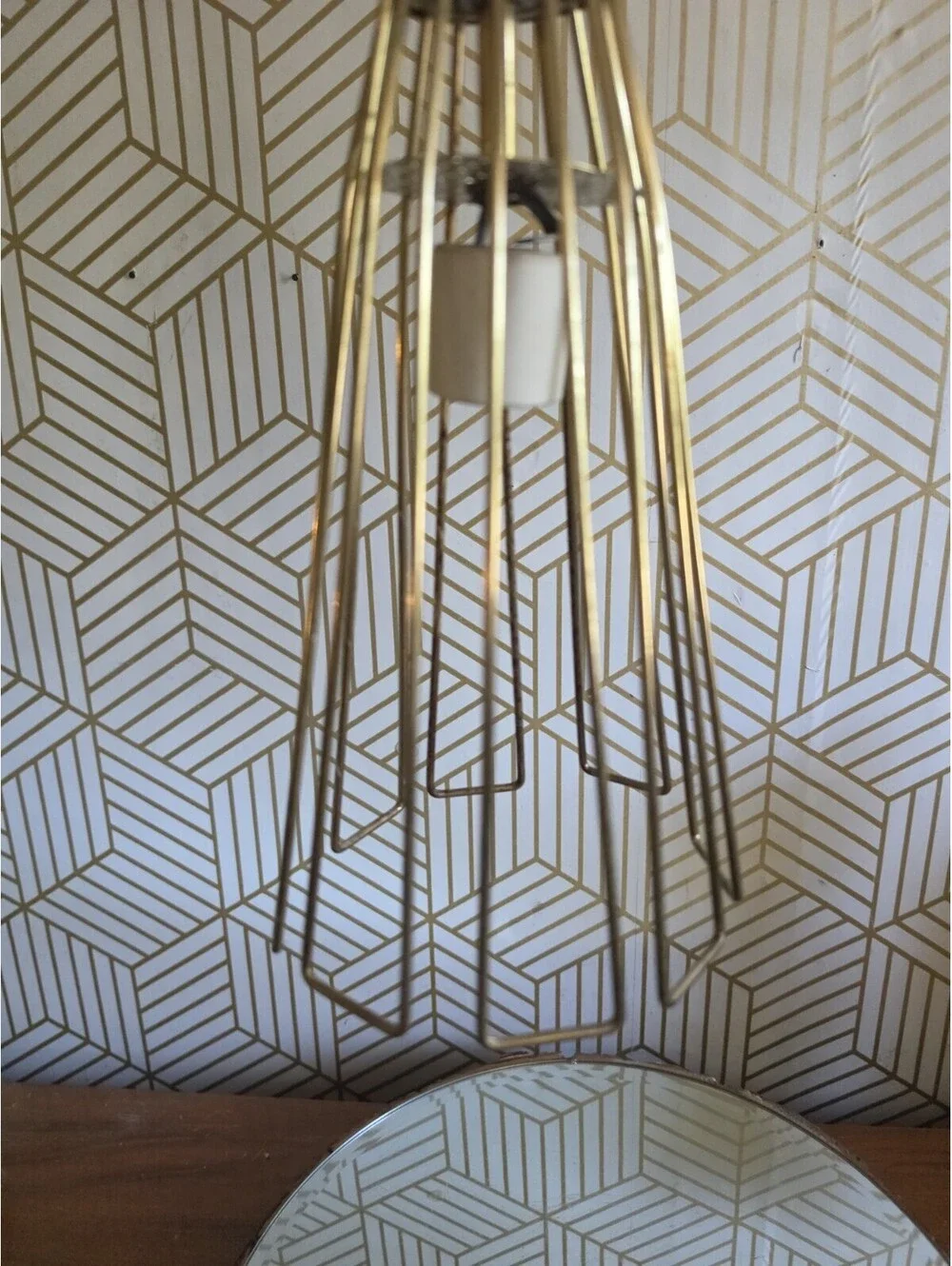 Vintage Midcentury Atomic Conical Wire Gold Cage Pendant Light Hanging Swag 50's